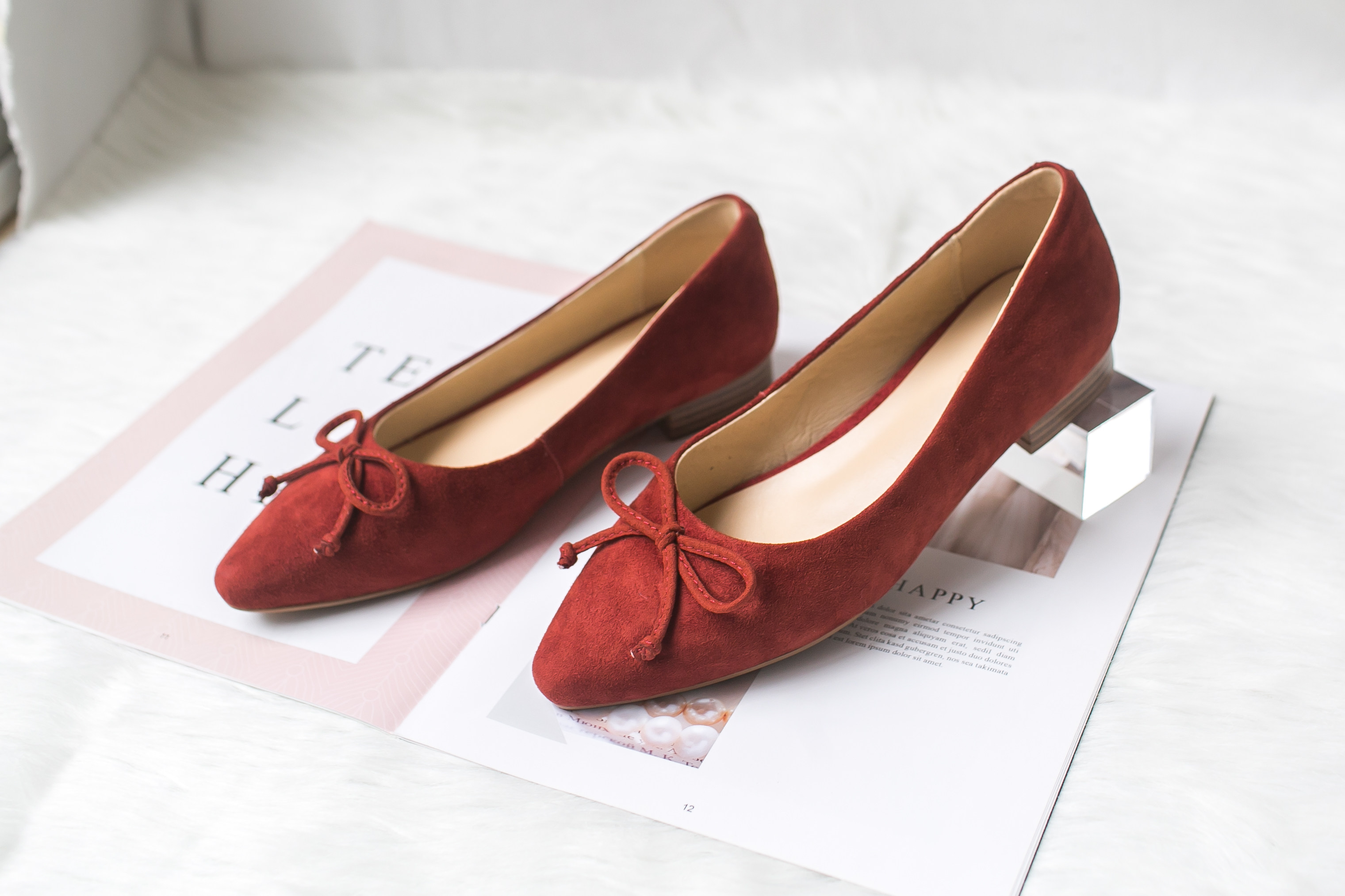 SOFT SOLE COMFORTABLE NEW SMALL SQUARE TOE ALL-LEATHER BALLET SHOES RUST RED RETRO WOMENS LOW-HEELED SWEET BOW SINGLE SHOES