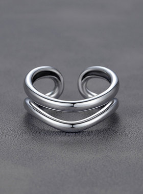 纯银S925复古泰银做旧戒指极简线条交织饶圈戒指女气质开口银指环