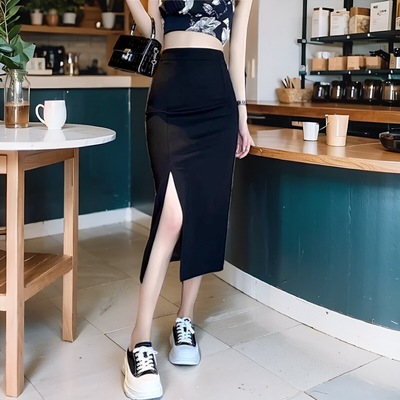 侧开叉高腰显瘦一步裙中长款