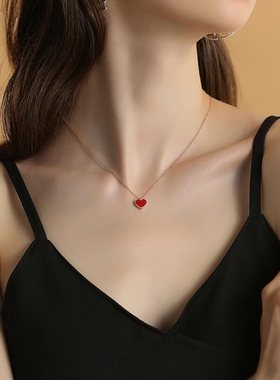 ITAILI BVIGARI18K玫瑰金红玛瑙爱心吊坠项链法式桃心锁骨链礼物
