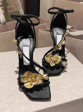 Open toed flower women's flower high-heeled buckle sandals