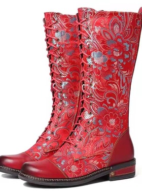 欧美民族风复古大码高筒女靴women long boots pu leather boots