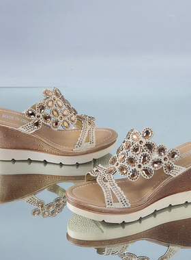 水钻女大码43沙滩外穿拖鞋women platform slippers roman shoes