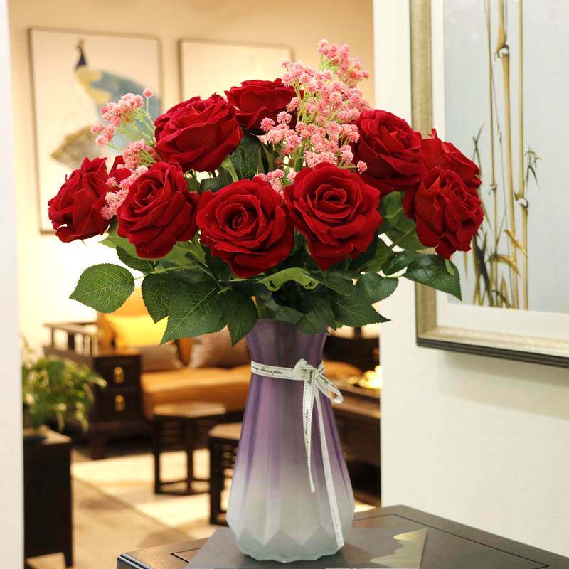 塑料花束装饰花假花红玫瑰花仿真花摆件干花花瓶轻奢客厅餐桌摆设