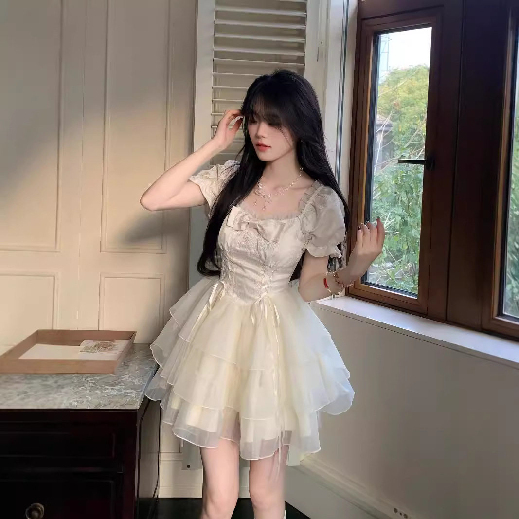 2025休闲简约甜美公主风蝴蝶结短款连衣裙蓬蓬裙女夏裙子