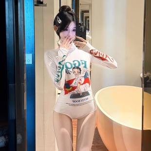 绝美梦露印花冲浪潜水服长袖防晒遮肉显瘦小胸聚拢保守连体泳衣女
