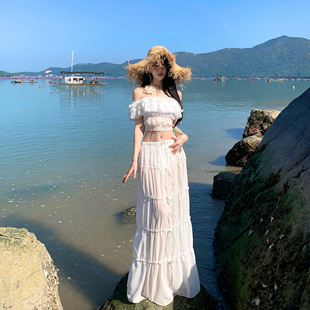 绝美仙女范超仙网红度假风白色蕾丝抹胸纯欲温泉比基尼长裙泳衣女