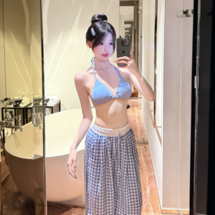 绝美氛围感复古蓝色泳衣女夏小胸聚拢显瘦比基尼格子长裤 海岛度假