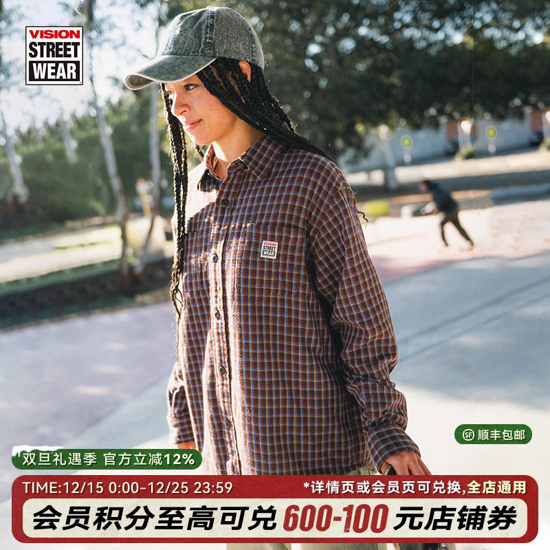 VISION官方 美式复古定织格纹松针纱织宽松长袖衬衫男女秋新款2色