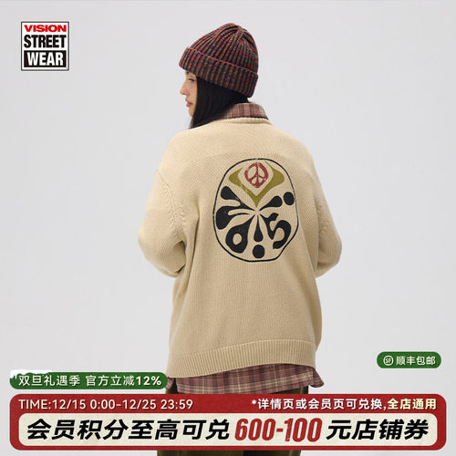 VISION官方 美式复古复混纱印花圆领套头印花针织毛衣男女秋新款