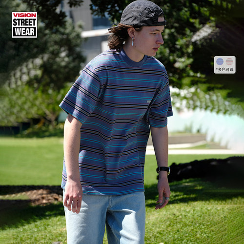 VISION官方 美式街头oldschool条纹提花圆领短袖T恤