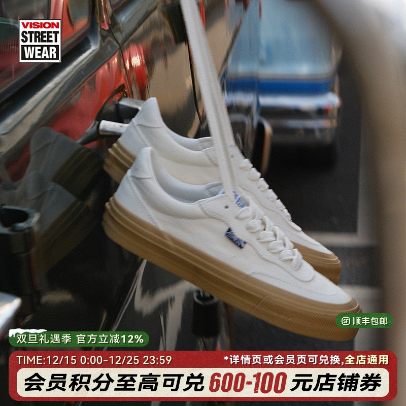 VISION官方  FLAT TOP米白色低帮翻毛皮帆布鞋男女街头运动滑板鞋