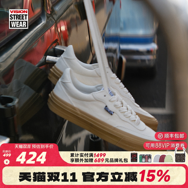 VISION官方  FLAT TOP米白色低帮翻毛皮帆布鞋男女街头运动滑板鞋