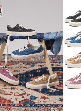 VISION官方 FLAT TOP丹宁系列黑牛低帮水洗磨破帆布鞋男女滑板鞋