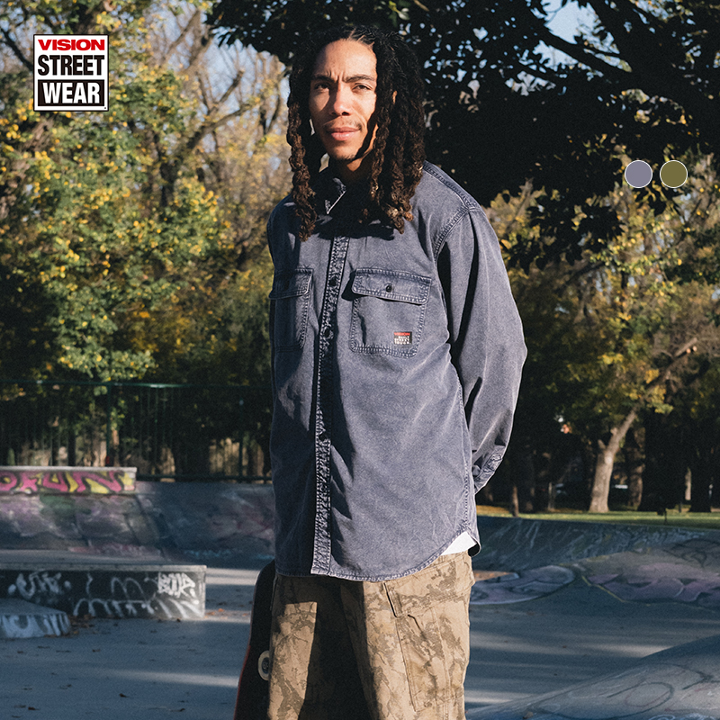 VISION官方 美式复古做旧水洗宽松薄款工装长袖衬衫2色男女秋新款