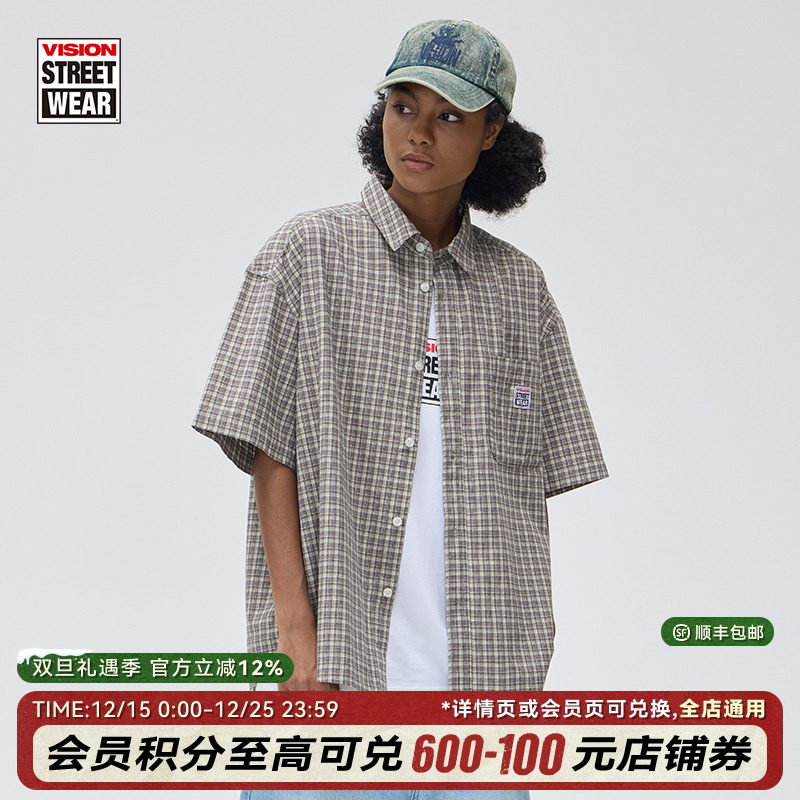 VISION官方 美式街头oldschool复古格纹宽松翻领短袖衬衫男女同款