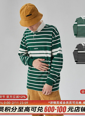 VISION官方  美式复古街头绿色条纹长袖POLO衫男女2色秋款