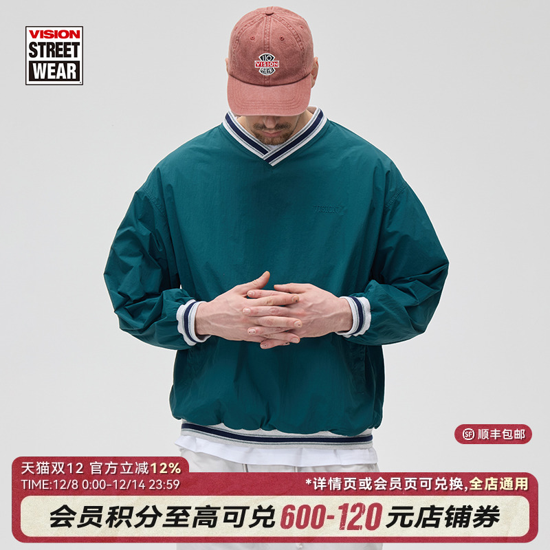 VISION官方 美式复古校园梭织V领套头卫衣复古球衣3色男女同款