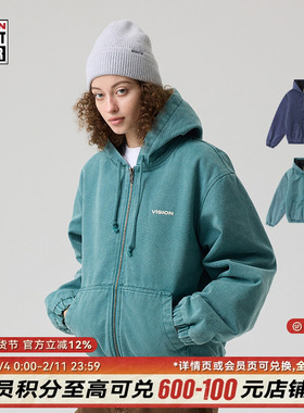 VISION官方 美式复古短款水洗做旧连帽棉服夹克外套男女2色可选
