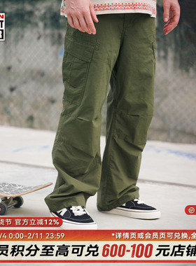 VISION官方 美式街头复古水洗做旧宽松双袋抽绳工装裤休闲长裤2色