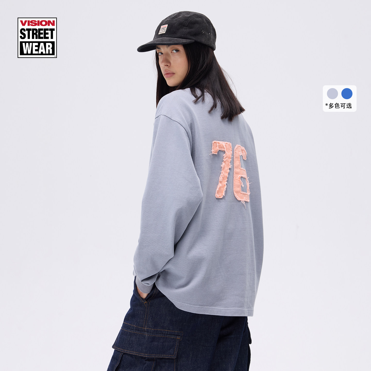 VISION官方 美式复古水洗做旧贴布绣长袖POLO衫