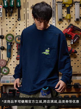 VISION×Hardware联名限定 复古PSYCHO印花破洞口袋圆领长袖T恤