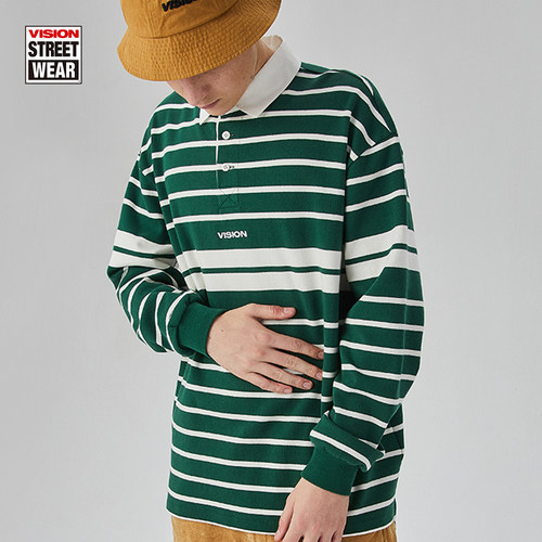 VISION复古街头绿色条纹长袖POLO衫男女同款春秋季潮流上衣