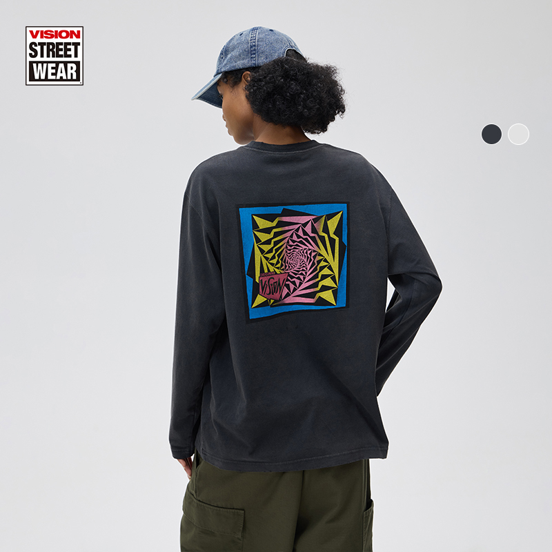 VISION官方 复刻历史图案美式复古磨破做旧vintage圆领长袖T恤2色