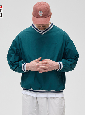 VISION官方 美式复古校园梭织V领套头卫衣复古球衣3色男女同款