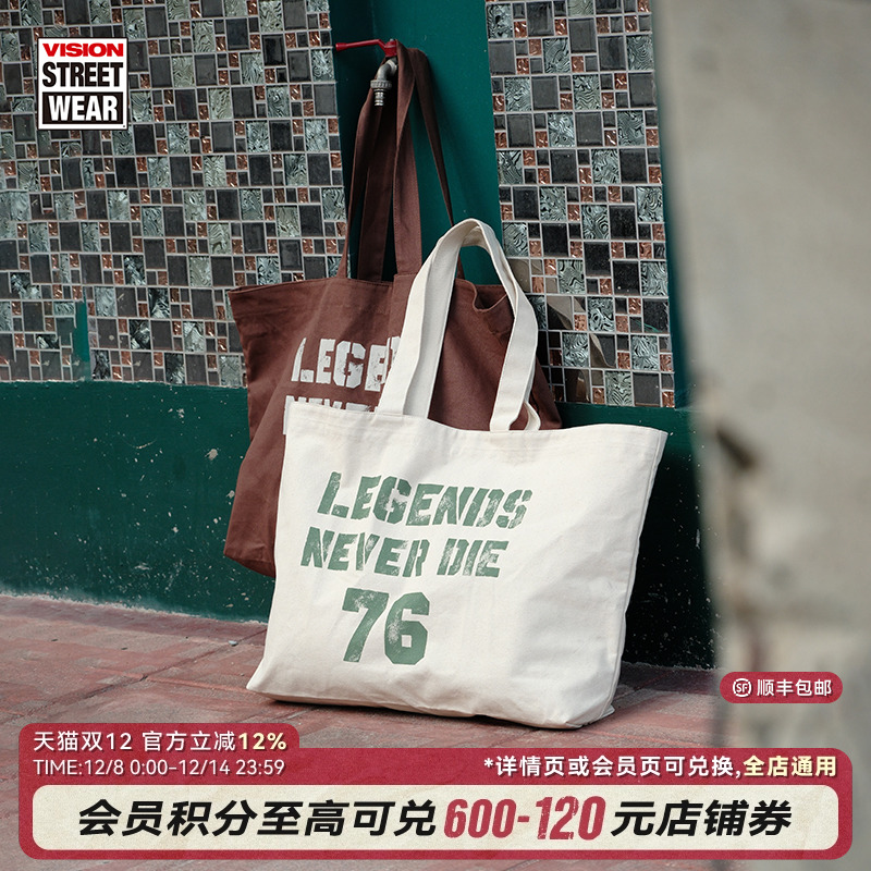 VISION官方 Legends never die街头复古大容量重磅帆布托特包