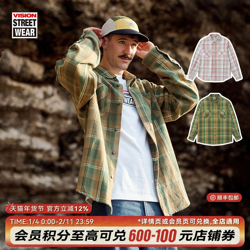VISION官方  美式复古格纹宽松工装长袖衬衫外套2色,运动服/休闲服装,运动茄克/外套,淘宝优惠券,粉丝福利购,淘宝优惠卷