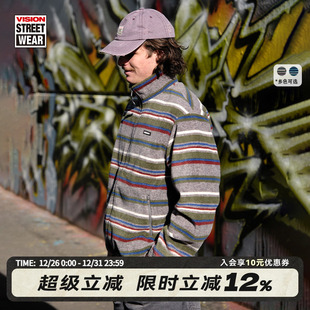 2色 复古立领开襟卫衣摇粒绒条纹外套男女秋新款 VISION官方 美式