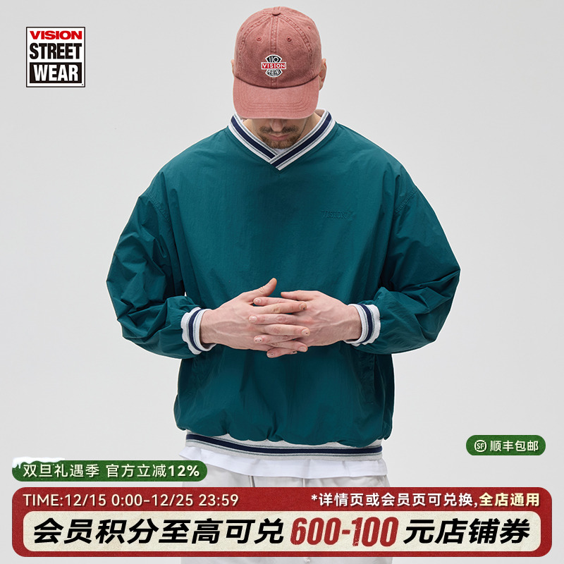 VISION官方 美式复古校园梭织V领套头卫衣复古球衣3色男女同款