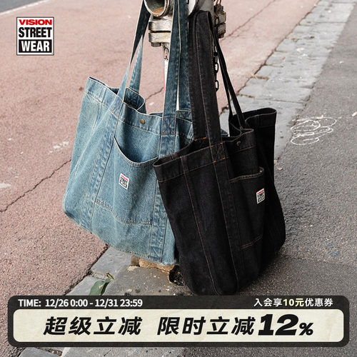 VISION官方 美式复古水洗牛仔布大容量托特包通勤单肩包男女新款