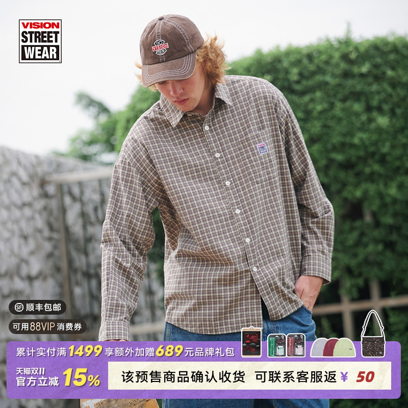 VISION官方 经典美式复古做旧双沙定织格纹工装长袖衬衫男女同款