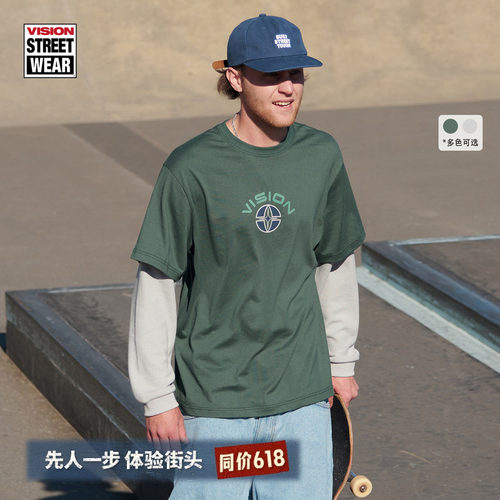 VISION美式复古假两件长袖T恤