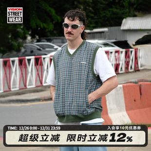 VISION官方 复古街头定织格纹V领宽松背心马甲男女25春