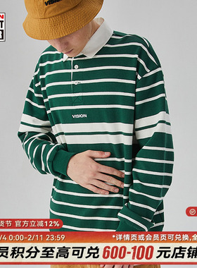 VISION复古街头绿色条纹长袖POLO衫男女同款春秋季潮流上衣