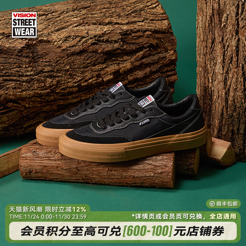 VISION官方  FLAT TOP生胶黑低帮翻毛皮拼接街头运动滑板鞋男女款