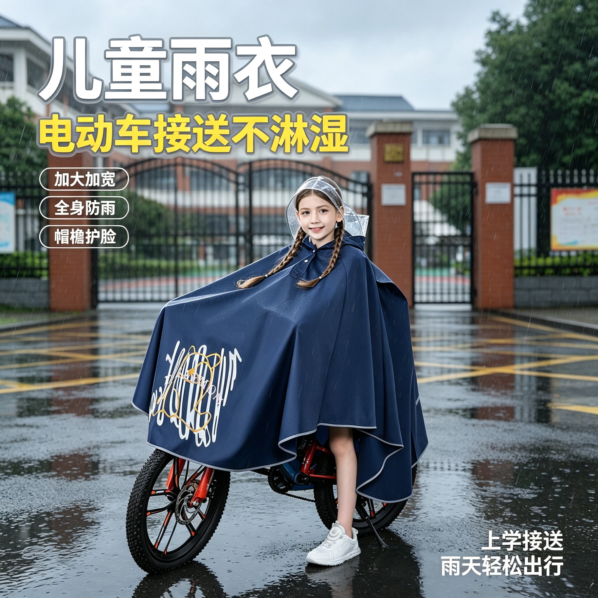 儿童斗篷款坐电动车带书包位雨衣