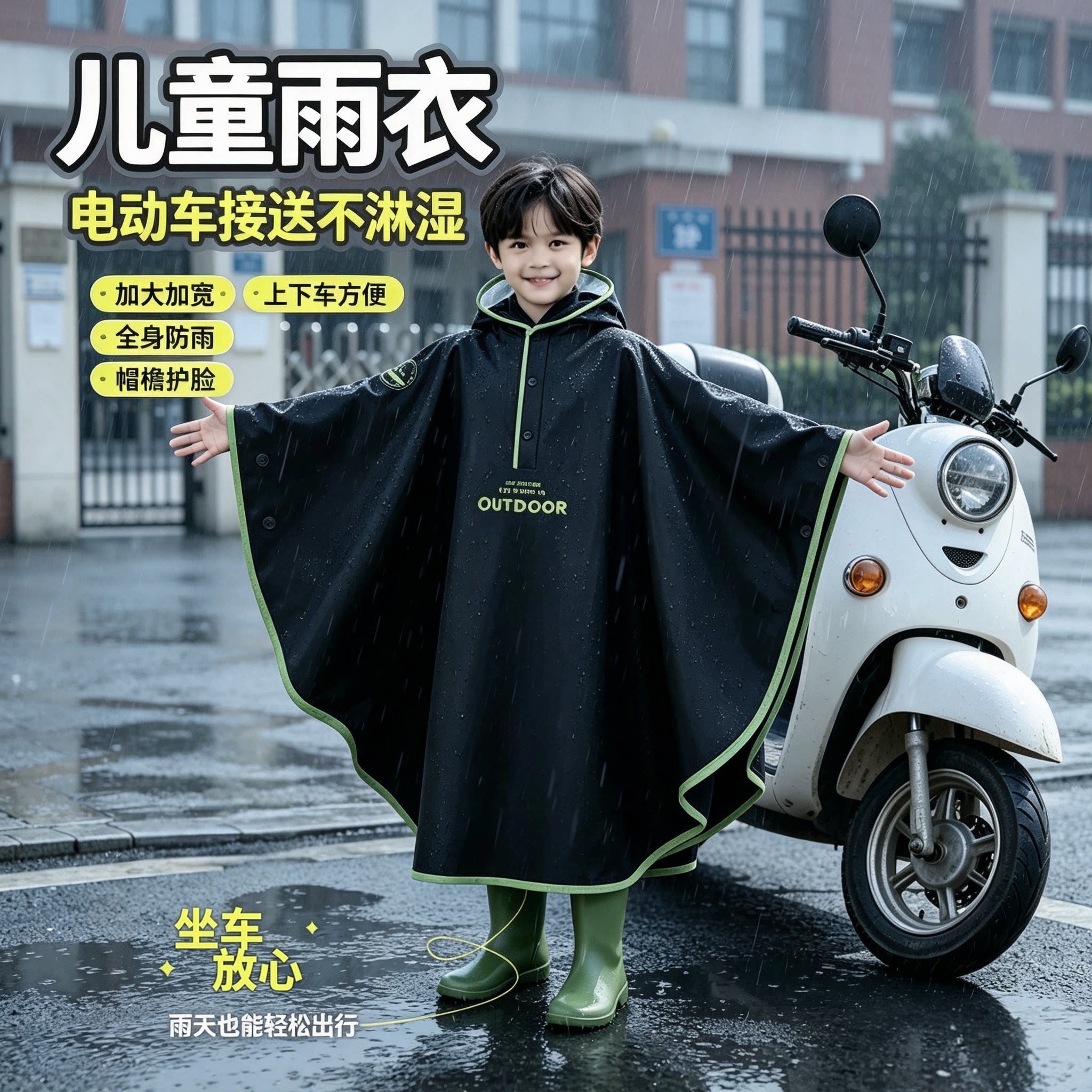 儿童斗篷雨衣坐电动车上学书包位