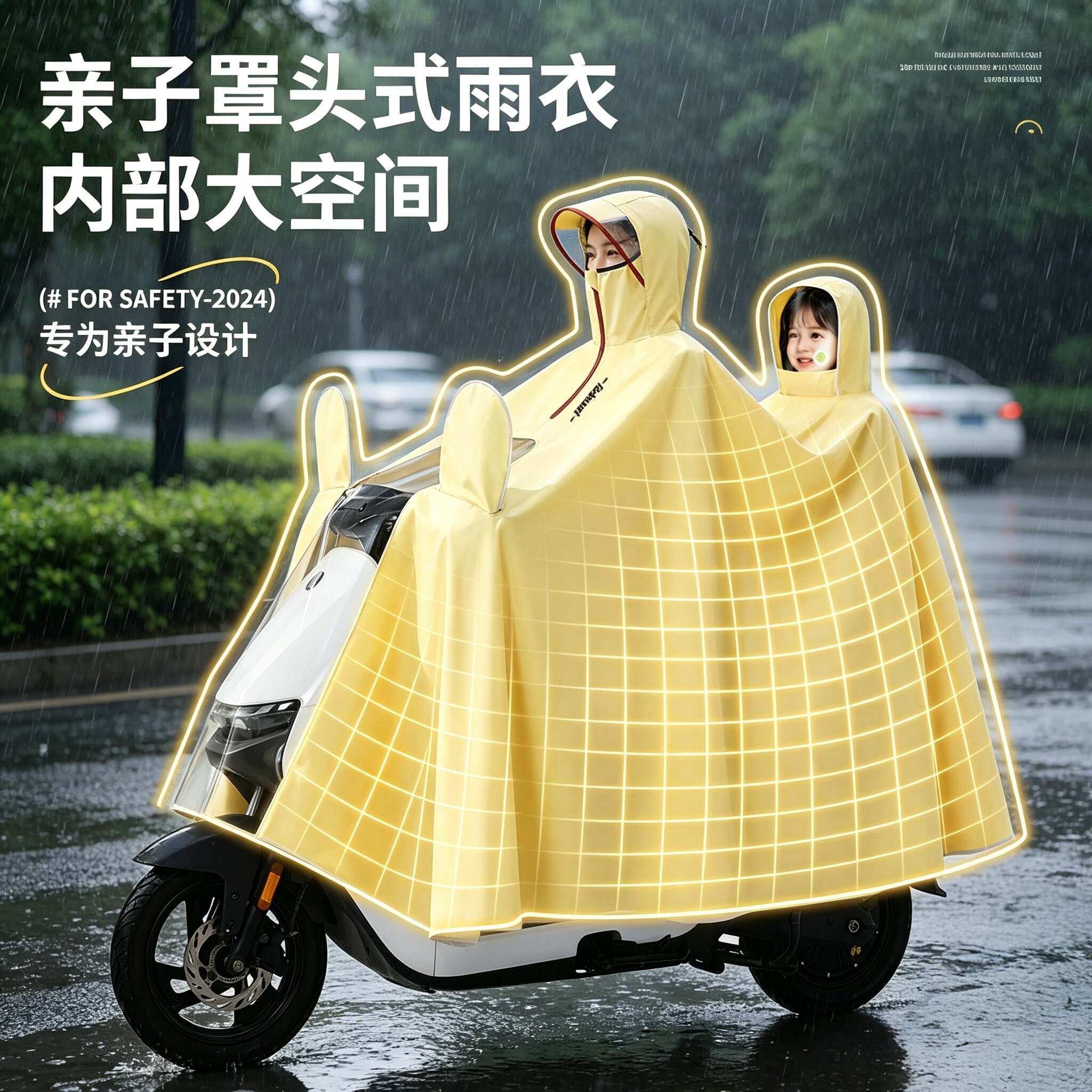 电动车双人亲子全身防暴雨款雨衣