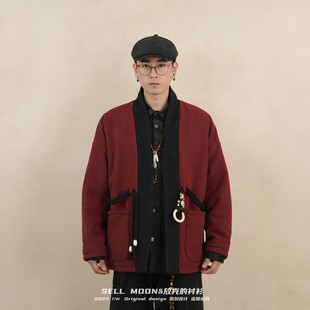 SELL MOON秋冬黑红拼接腰带复古休闲宽松夹棉道袍外套大码可穿