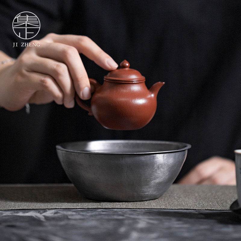 集正 寓意铜钱壶承 茶桌可蓄水纯锡建水 茶台养壶垫 复古紫铜茶洗