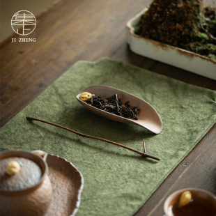 集正 功夫茶具茶道配件紫竹茶拨陶瓷茶荷香插两用 粗陶茶则二件套