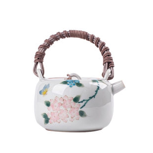集正 手绘绣球花提梁壶 素雅草木灰藤把茶壶单壶茶空间小号泡茶壶