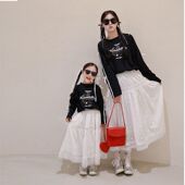 母子母女装 织里童装 秋季 子拉条蝴蝶结T恤衫 卡通T恤袖 一起玩親子装