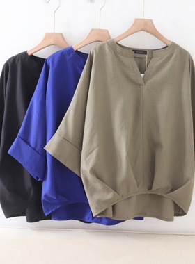 C06063日单新款客供料小V领套头宽松前短后长女纯色通勤气质衬衫