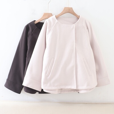 C08059日单秋新款客供料贵牌按扣圆领宽松女纯色通勤气质呢子外套