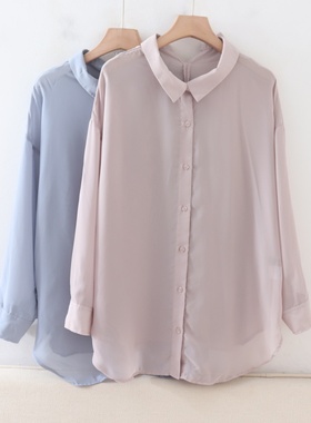 C04027日单新款客供料单排扣宽松显瘦女纯色通勤气质雪纺长袖衬衫